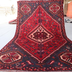 4&#39;3x7&#39;3 Geometric Antique Rug, Red Tribal Caucasian Rug, Hand Knotted Rug, Low Pile Wool Boho Vintage Rug, Afghan Medallion Rug, Kitchen Rug