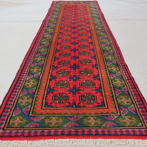 2&#39;7x9&#39;3 ft Red Runner rug, Afghan Traditional Hand Knotted veg dyes Plush Wool Rug, Oriental Turkmen Rug, Hallway Runner Rug, Kitchen Runner