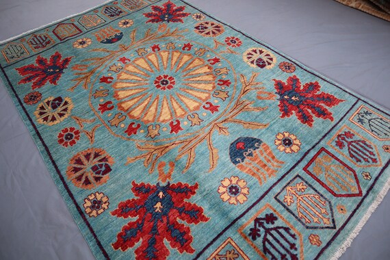 5x8 Blue Suzani Rug, Handmade Afghan Natural Wool and Dyes Rug, Turkmen Oriental Rug, Tribal Area Rug, Living Room Rug, Dining Table Carpet