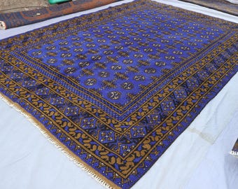 Afghan Rug 7x10 Dark Blue Brown Geometric Rug, Handmade Wool Area Rug, Tekke Bukhara Rug, Oriental Turkmen rug, Bedroom Rug, Living Room Rug