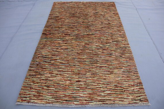 3x5 Vintage Gabbeh Rug, Beige Red Brown Striped design Rug, Afghan Hand Knotted Wool Rug, Natural Veg dyes Boho Carpet, Bedroom, Kitchen Rug