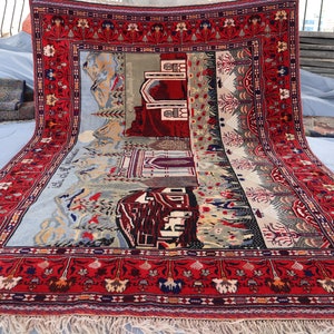 4&#39;8x6 ft Art Pictorial Vintage Rug, Afghan Handmade Wool Floral rug, Wall Hanging Carpet, Red Green Blue Brown Blue Red, Tribal Baluchi Rug
