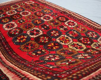 4x6 COLLECTOR's PIECE Rug, 3.7x6.2 ft Afghan Hand Knotted Wool Area Rug, Red Tribal Vintage Rug, Antique Baluchi Rug, Turkmen Bukhara Carpet