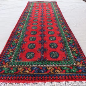 2&#39;6x9&#39;4 Afghan Red Runner Rug, Handmade Wool Multicolor natural veg dyes Rug, Turkmen Bukhara Runner Rug, Oriental Rug, Hallway Runner Rug