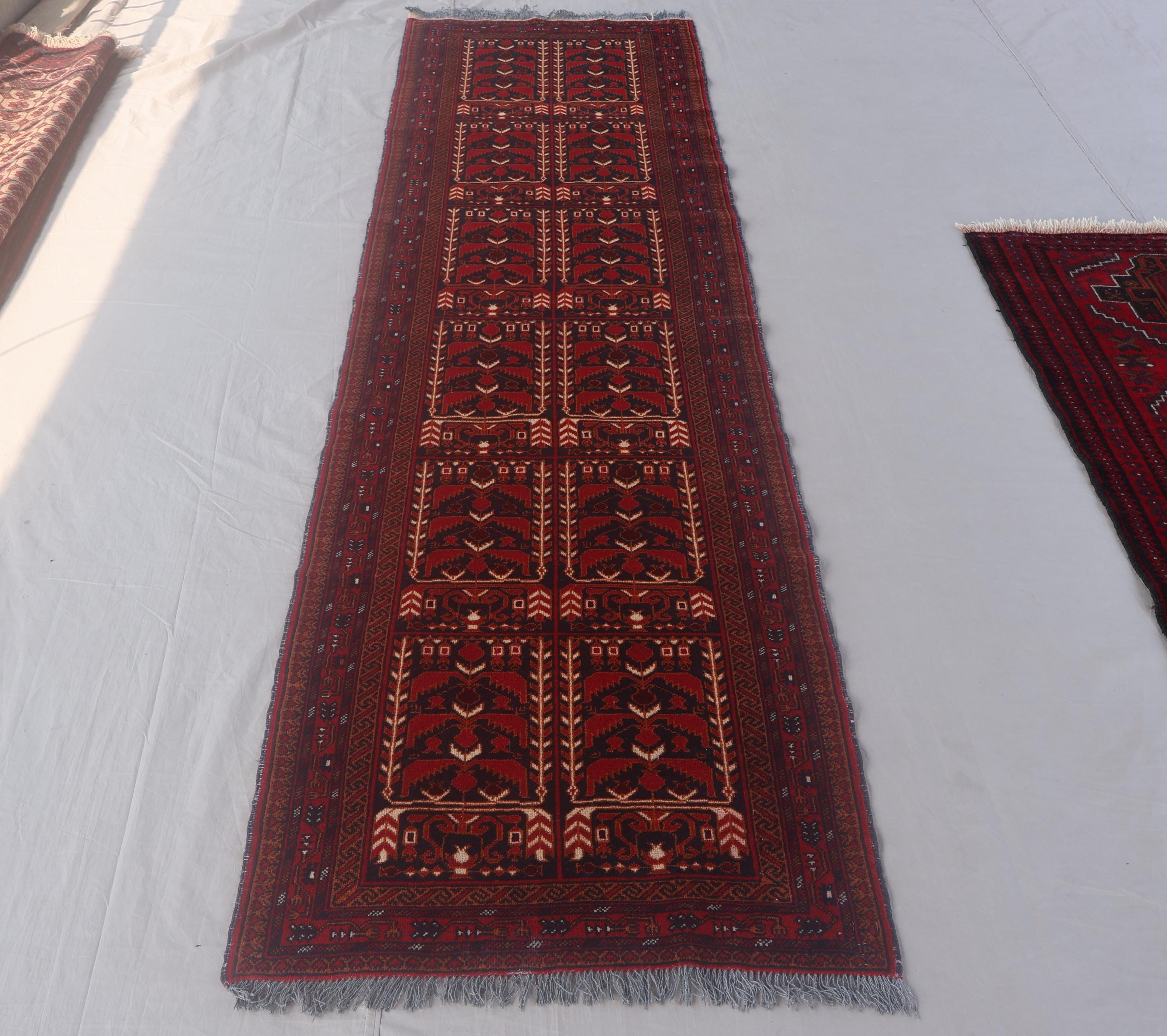 vintage rug　265cm×87cm　トルクメン族　アフガン　ランナー 2'7x9'3 Ft Red Antique Rug, 9 Ft Runner Rug, Ali Khoja Afghan