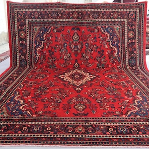 Red 9x12 Large Heriz Rug, Antique Afghan Caucasian Rug, Soft Pile Wool Rug, Handmade Rug, Geometric Vintage Rug, Oriental Rug, Bedroom Rug