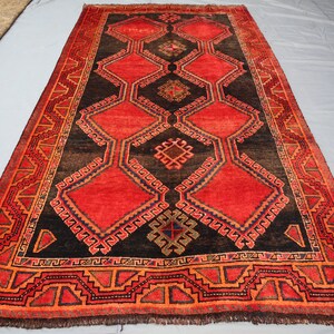 4&#39;7x8&#39;5 ft Vintage Caucasian Geometric Hand Knotted Soft Pile Wool Red Faded Rug, Old Tribal Rug, Oriental Afghan Vintage rug, Kitchen Rug