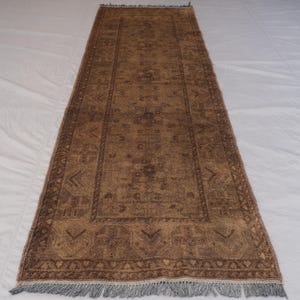 Antique Brown Rug 3x10 ft Runner Rug, Afghan Dark Terracotta Rug, Hand Knotted Wool Faded Rug, Oriental Rug, Hallway Runner, Kitchen Runner