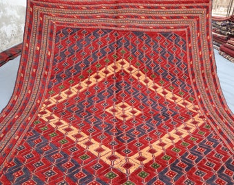 Antique Afghan Rug, 6'8x9'0 ft Vintage Mishwani Rug, Red Handmade Wool Area Rug, Tribal Bukhara Rug, Oriental Turkmen Rug, Living Room Rug