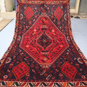 5x8 ft Deep Red Vintage Rug, Antique Caucasian Old Style Hand Knotted veg dyes Wool Area Rug, Oriental Afghan Geometric Tribal floral Carpet