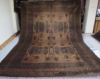 8x11 ft Brown Antique Rug, Low Pile Wool Rug, Afghan Handmade Vintage Faded Rug, Tribal Caucasian Rug, Oriental Area Rug, Bedroom Rug