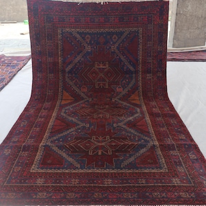 3&#39;9x6&#39;5 ft Afghan Vintage Rug, Navy Dark Red Tribal Rug, Handmade Wool Rug, Oriental Antique Rug, Turkmen Baluchi Geometric Rug, Bedroom Rug