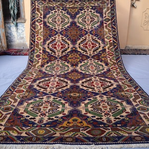 4&#39;5x8 ft Antique Art Collectibles Rug, Navy Blue Afghan Hand Knotted Natural dyes Wool Geometric Rug, Vintage Tribal Baluch Rug, Bedroom Rug