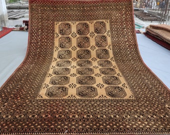 6&#39;4x9&#39;3 ft Antique Rug, Terracotta Vintage faded Handmade Afghan Wool Rug, One of a Kind Rug, Geometric Caucasian Style Old Bukhara Carpet
