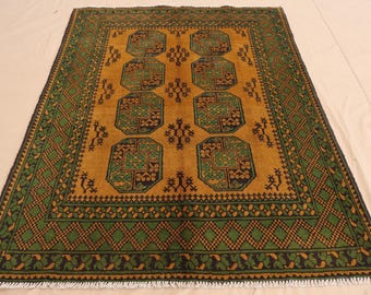 5x7 Green Yellow Afghan Rug, Turkmen Tribal Bukhara Rug, Hand Knotted Wool Oriental Rug, Traditional Area Rug, Bedroom Rug, Living Room Rug