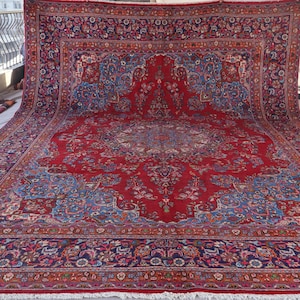 10x13 Large Antique Rug, Turkish Medallion Caucasian Rug, Handmade Wool Area Rug, Geometric Carpet, Red Afghan Tribal Heriz Rug, Bedroom Rug