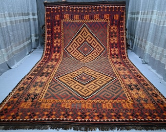 1940s Antique Rug 10x17 ft Terracotta Vintage faded Afghan Flatweave Geometric Kilim Rug Handmade Wool Area Rug, Turkmen Tribal Boho Carpet