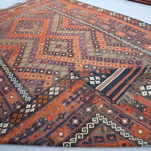 Antique Kilim Rug 8x14 ft Orange Navy Green Vintage faded Afghan Handmade Kilim Wool Area Rug, Flat weave Geometric Rug, Living Room Carpet