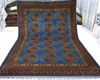 7x10 Navy Blue Afghan Bukhara rug, Turkmen Hand Knotted Organic dyes Wool Oriental rug, Tribal Area Rug - Bedroom Rug - Rugs for Living Room
