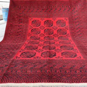 6&#39;7x8&#39;5 ft Vintage Ersari Rug Afghan Traditional Handmade Wool Oriental Rug, Large Red Area Rug, Turkmen Tribal Bukhara Rug, Living Room Rug