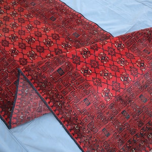 1960s Antique 3&#39;3x9&#39;5 ft Wide Runner Rug, High Pile Afghan Handmade Wool Runner rug, Oriental Turkmen Bashiri Bukhara Rug Red Hallway Runner