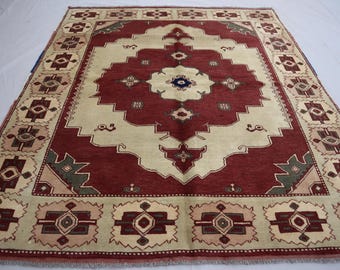 7x5 ベージュレッド アフガンラグ - トルクメン幾何学模様