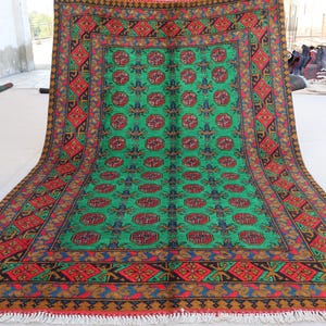 5x8 Green Afghan Rug Turkmen Tribal Bukhara Rug, Hand Knotted veg dyes Wool Oriental Rug, Traditional Area Rug, Bedroom Rug, Living Room Rug