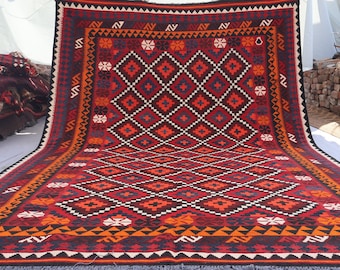 7 x 10 vintage tapijt, Afghaans platgeweven kelimtapijt, authentiek handgemaakte plantaardige kleurstoffen wollen kelimtapijt, geometrisch boho-tapijt, oosters tapijt, woonkamertapijt