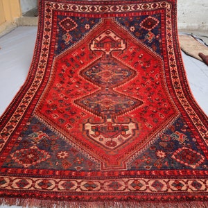 Collectors piece 5&#39;4x7&#39;8 ft One of a kind Antique Caucasian Area Rug, Handmade low pile Wool Geometric Rug, Afghan Vintage Oriental Red Rug