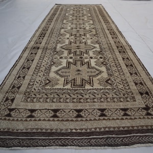 1960s Antique 4x12 ft Wide Runner rug - Afghan Handmade distressed faded muted Vintage low pile Wool Geometric runner rug, Rug, Foyer Runner