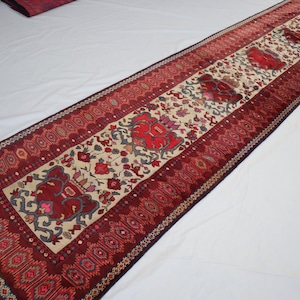 3x12 Floral Runner Rug Beige Red Muted Afghan Handmade Vintage low pile Wool Runner Rug, Antique Baluchi Rug, Hallway Runner, Kitchen Runner