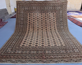 1940s Antique 8x11 Muted Terracotta Brown Turkmen Geometric Bukhara Rug, Afghan Handmade Tribal Rug, Wool Faded Vintage Rug, Living Room Rug