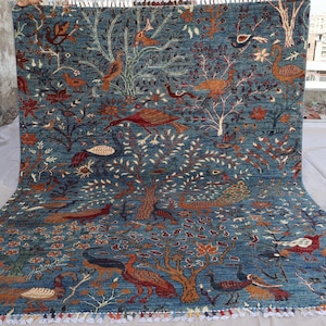 5x6&#39;5 ft Blue Tribal Rug, Afghan Gabbeh Rug, Hand Knotted veg dyes Wool Boho Area Rug, Birds Peacock Tree rug, Living Room Rug, Bedroom Rug