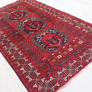 3&#39;4x6 ft Vintage Baluchi Rug, Afghan Handmade Wool Geometric Area Rug, Oriental Red Rug, Turkmen Tribal rug, Rug for Bedroom, Office Carpet