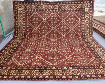 10x11 ft Terracotta Vintage Rug, Large Afghan Hand Knotted wool rug, Turkmen Tribal Low Pile Carpet, Oriental Antique Rug, Living Room Rug