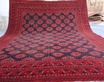 10x13 Large Antique Rug, Afghan Handmade veg dye wool Rug, Turkmen Vintage Bukhara Area Rug, Oriental Tribal Red Carpet, Rug for Living Room