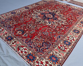 9x12 One of a Kind Rug, 1930s Antique Large rug, Medallion Red Blue Rug, Afghan Caucasian Handmade Wool Rug, Low pile Distressed Faded Rug