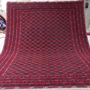 7x9 Vintage Handmade Rug, Navy Blue Red Afghan Rug, Wool Rug, Antique Pattern Turkmen Tribal Area Rug, Oriental Mashwani Carpet, Bedroom Rug