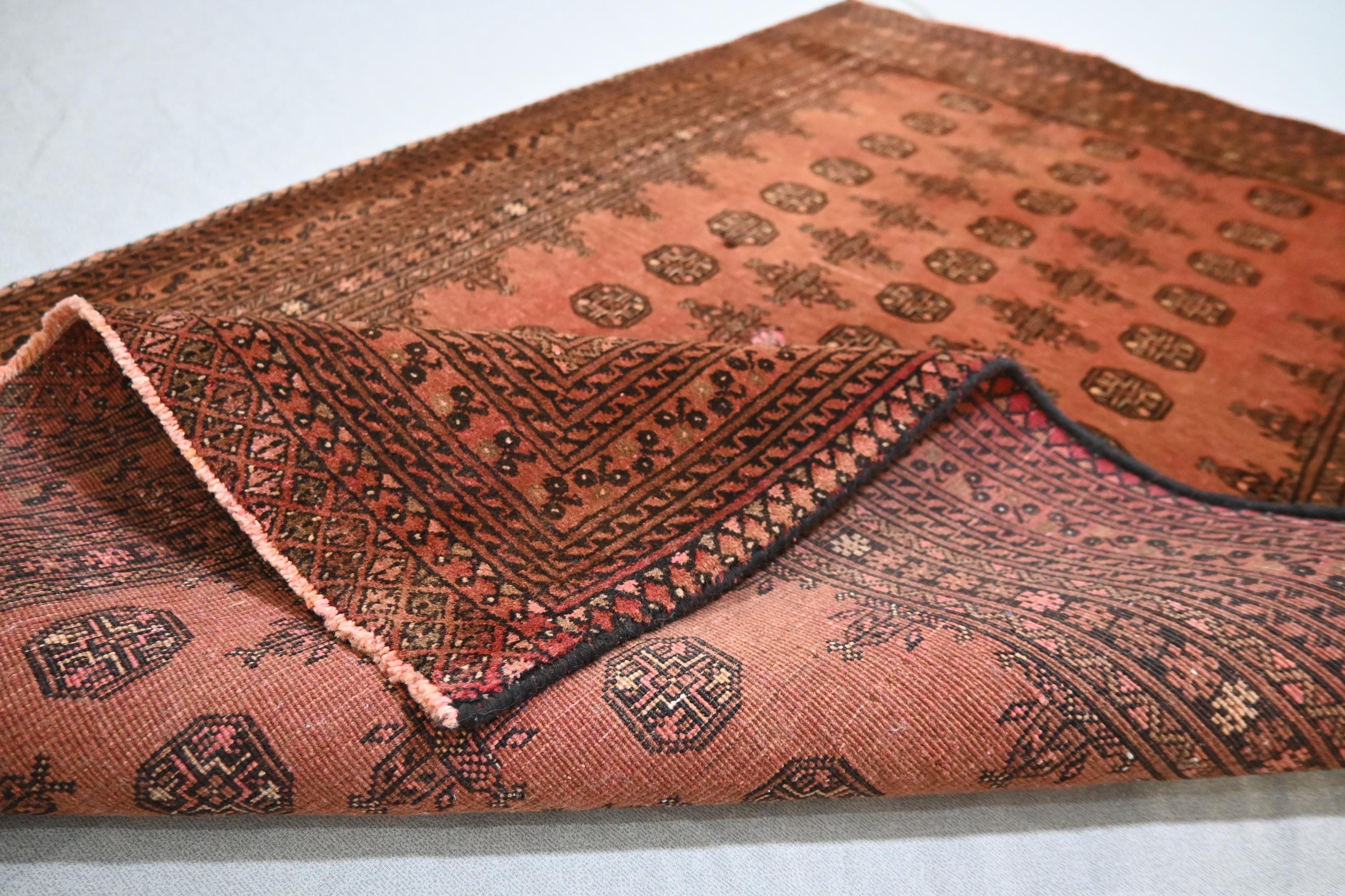 1950s Antique 3x5 Geometric Turkmen Area Rug, Afghan Handmade Wool Low ...
