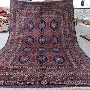 6&#39;5x10&#39;4 ft Fine Geometric Bukhara Rug, Afghan Hand Knotted Wool Area Rug, Turkmen Tribal Rug, Red Navy Oriental Rug, Rug for living room