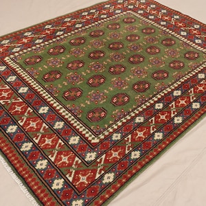 5x7 Green Bukhara Rug, Afghan Hand-knotted Wool Rug, High Pile Soft Rug, Turkmen Tribal Rug, Bedroom Rug, Living Room Rug, Oriental Area Rug