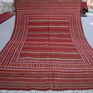5x7 Vintage Turkmen Soumak Striped Rug, Afghan Handmade Flatweave Kilim Wool Area Rug, Home decor Decorative Boho Kilim Rug, Living Room Rug