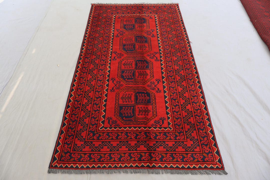 3'4x6'7 Ft Red Ersari Rug, Afghan Hand Knotted Veg Dyes Plush Wool Area ...