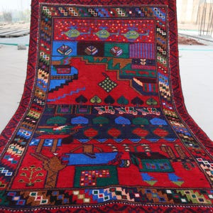 3x4&#39;6 ft Afghan Vintage Pictorial Rug - Handmade Soft Wool Tribal Baluchi rug - Navy Blue Red Area rug - Boho Oriental Rug, Kids Room Carpet