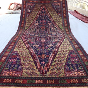 Green Navy Blue Rug 3&#39;9x7&#39;4 ft Handmade Afghan Geometric One of a Kind Rug, 100% Natural dyes Wool Area Rug, Baluchi Tribal Rug, Bedroom Rug