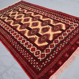 3&#39;6x5&#39;10 ft Antique Geometric design Turkmen Area Rug, Afghan Handmade Wool Oriental Rug, Beige Red Baluchi Tribal Vintage Rug, Bedroom Rug