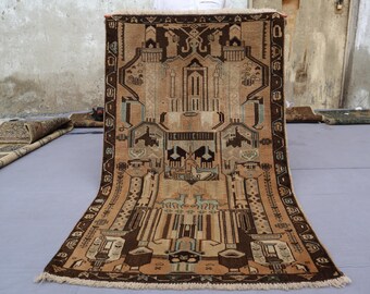 3x5 Terracotta Vintage Animal Hunting Rug, Handmade Low Pile Wool Rug, Antique Pictorial Art deco Rug, Afghan Tribal Baluchi, Kids room Rug