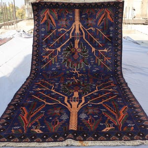 One of a kind Rug 4x7 ft Tree of life design Afghan Pictorial Baluch Rug, Handmade Wool Rug, Navy Blue Oriental Rug, Wall decor, Bedroom Rug