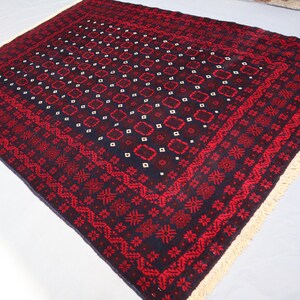 4&#39;4x6&#39;5 ft Vintage Area Rug, Black Red Afghan Baluchi Rug, Turkmen Tribal Bashiri Rug, Oriental Antique Rug, Handmade Wool Rug, Bedroom Rug