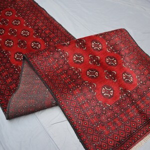10 ft Runner rug, Red Hand Knotted veg dyes Wool Runner rug, Afghan Bukhara Rug Runner, Turkmen Oriental Rug, Hallway Runner, Kitchen Carpet